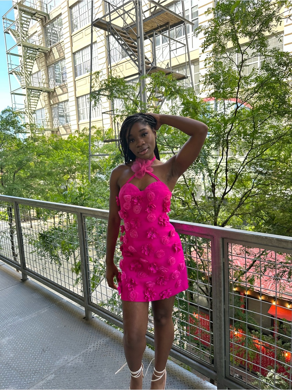 Hot Pink Floral Appliqué Halter Mini Dress - Picture 4 of 4